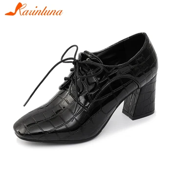 

KARINLUNA Elegant Lady Office Casual Commute Black Pumps Square Heels Lace Up Pumps Women Square Toe Shoes Woman