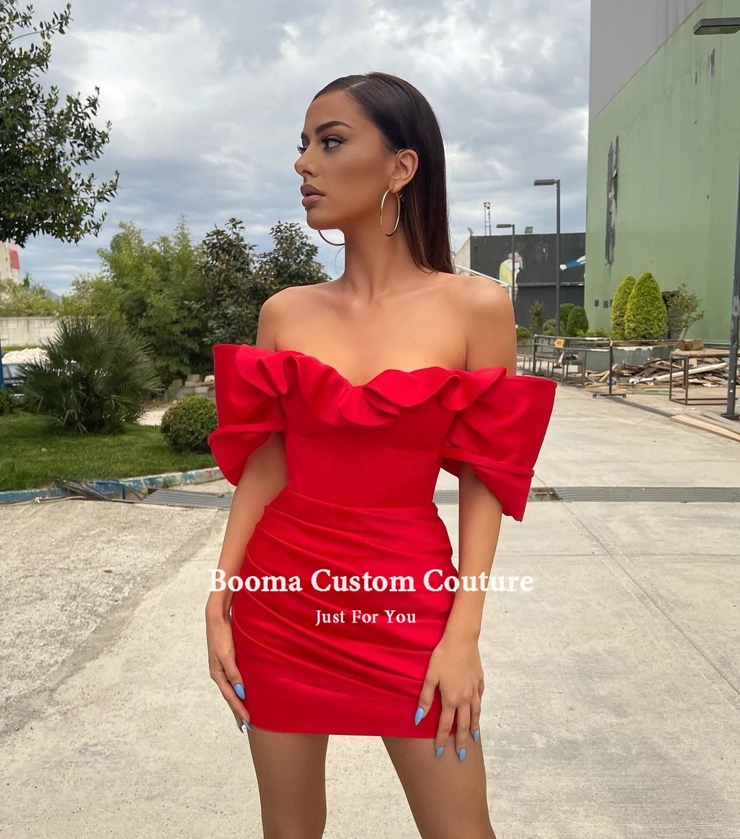 Booma Red Off Shoulder Mini Cocktail Dresses Ruffles Satin Column Sexy  Clubbing Dress Ruched Above Knee Formal Party Dresses - Cocktail Dresses -  AliExpress