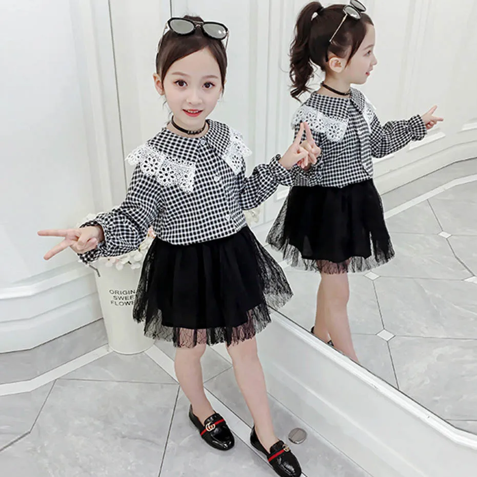 Новая рубашка для девочек, кружевная рубашка в стиле пэчворк детская блузка с расклешенными рукавами для девочек, осенняя Корейская одежда в клетку для девочек, вечерние - Цвет: As Picture
