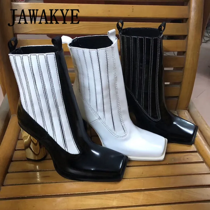 Г., уличные ботильоны модельные туфли с квадратным металлическим квадратным каблуком и окантовкой осенние полусапожки женские белые bota feminina