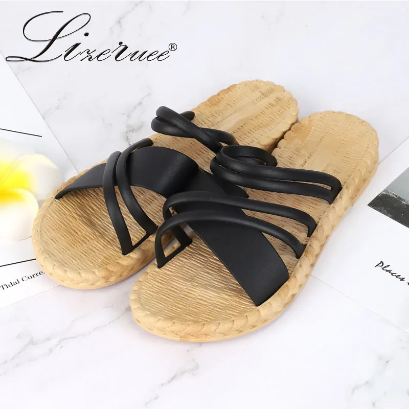 

Lizeruee Summer PVC Grass Rope Multi Color Sandals Flats Mujer Thin Strips Gladiator Beach Sandals Women Flip Flops Slides