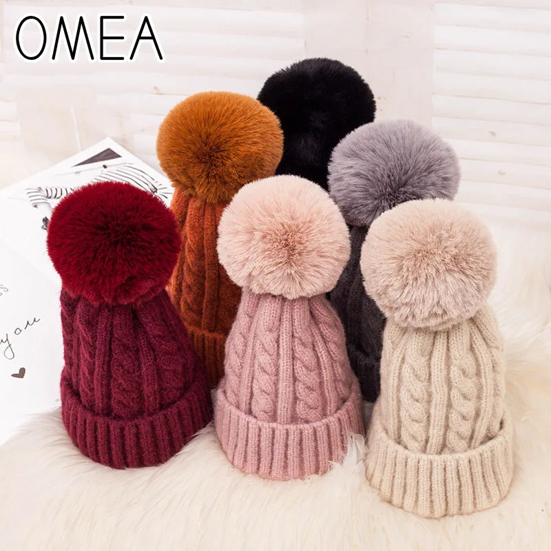 

Winter Hat for Women Pompon Thicken Warm Twist Wool Hat with Ball Knitted Solid fur PomPom Hat Beanies Hat Ladies Girls Hat Gift