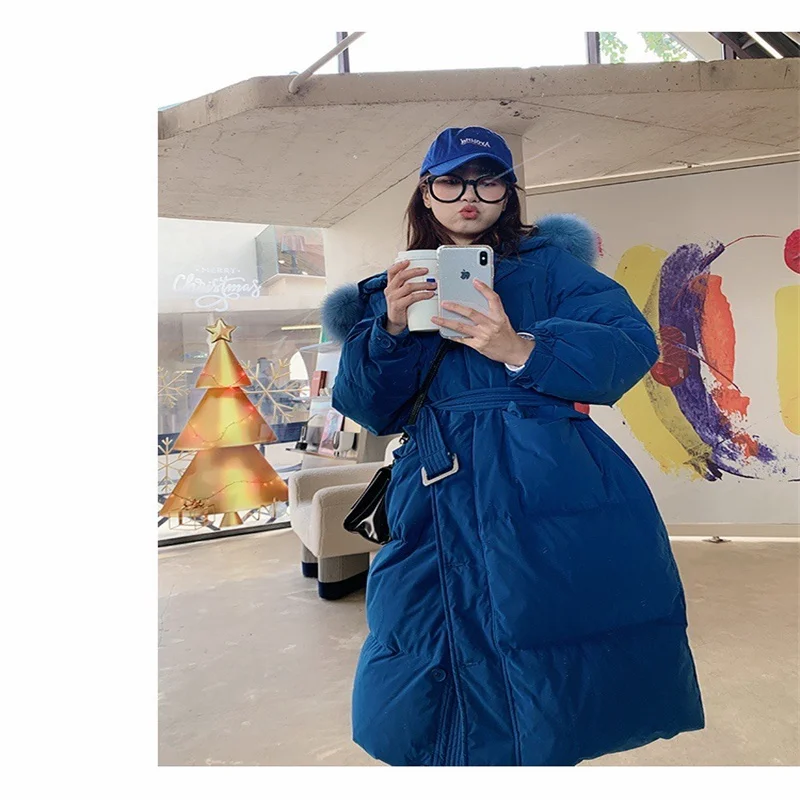 

Casual loose down jacket women 90% white duck down real fur collar winter coat big pocket super warm blue black long parkas