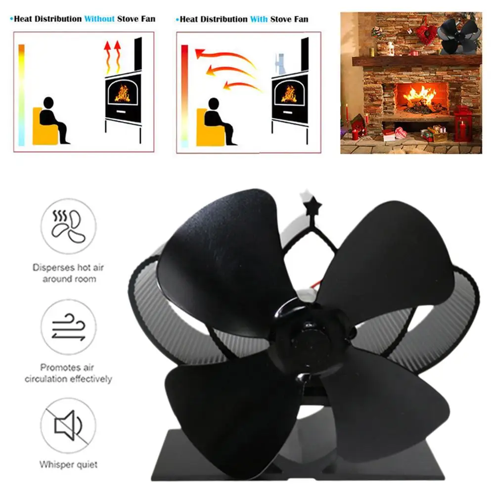 Household 4 Blade Heat Powered Stove Fan Log Wood Burner Eco Friendly Quiet Home Fireplace Fan Heat Distribution Fuel Saving