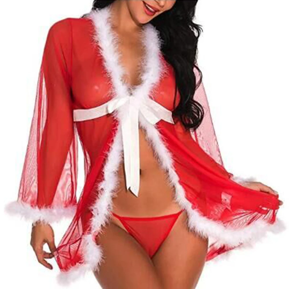 Рождественское нижнее белье, женское прозрачное кружевное нижнее белье со стрингами, рождественское нижнее белье, сексуальное Эротическое ночное белье, ночная рубашка, длина 35 - Цвет: Красный