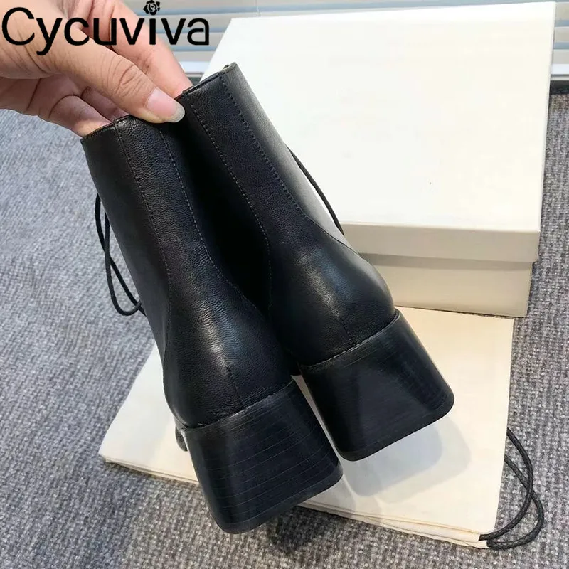 Women Boots Classic Square Toe Ankle Boots Genuine Leather Chunky Wedge Heel Motorcycle Boots Runway Party Winter Shoes Woman