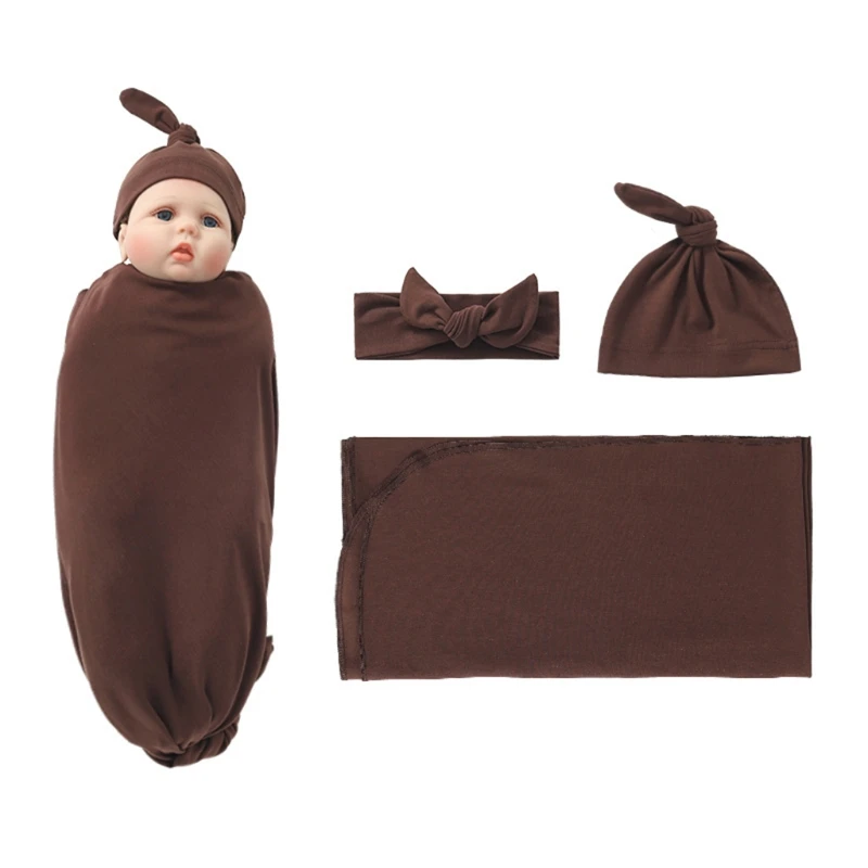 Newborn Swaddling Wrap+Headband+Hat Set Baby Receiving Blanket Sleepsack Hair Band Baby Bonnet Blanket Boys Girls Shower Gift 6