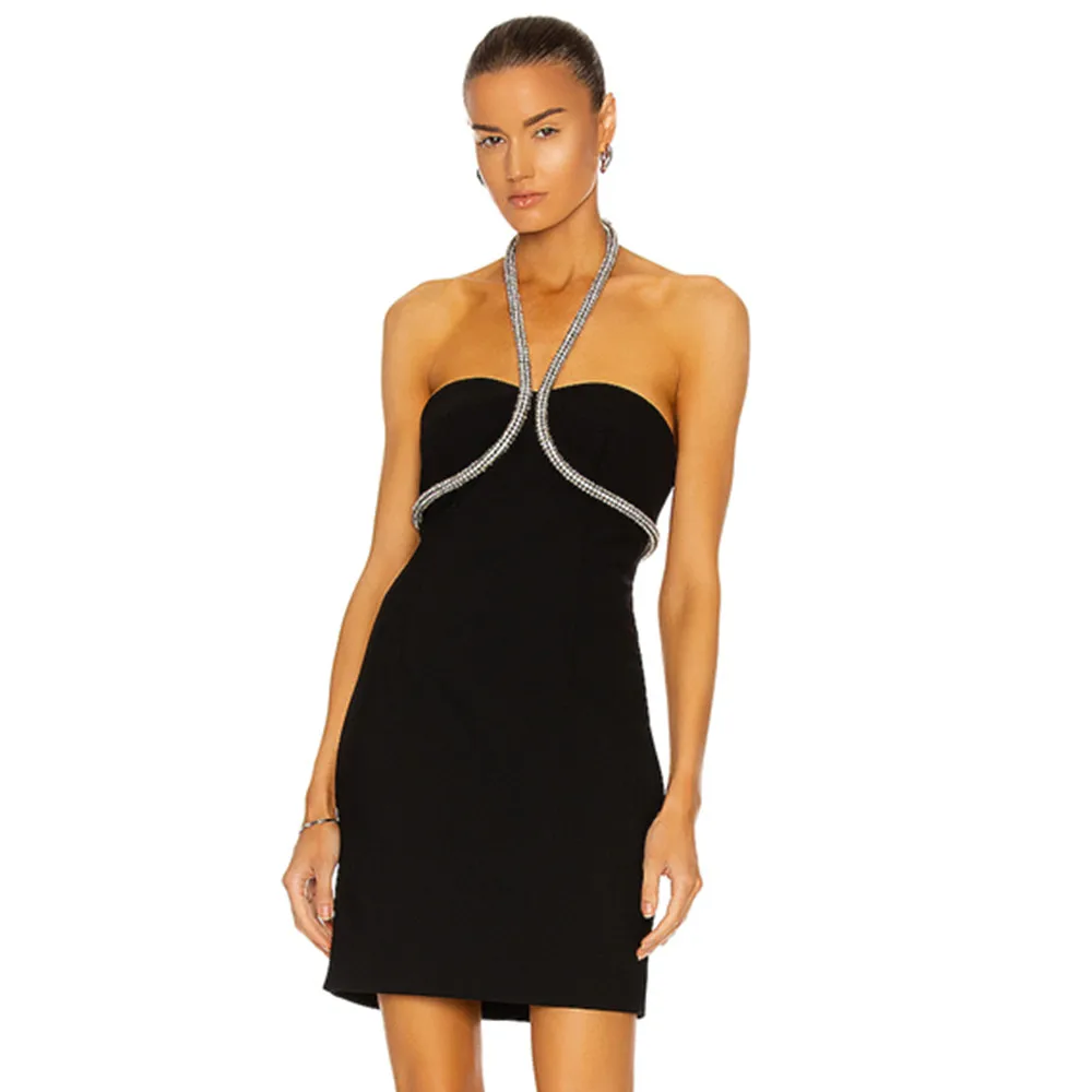 

Women Summer Sexy Backless Halter Diamonds Crystal Black Mini Bodycon Bandage Dress 2021 Elegant Evening Party Dress Vestido