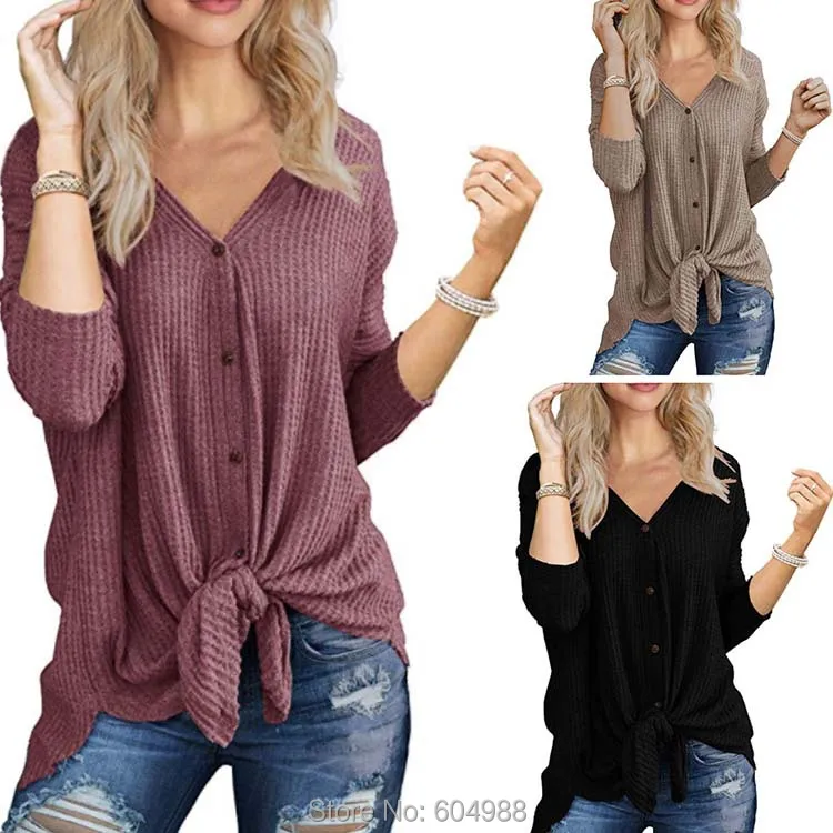 

Women Waffle Knit Tunic Blouse Tie Knot Henley Tops Loose Fitting Bat Wing Plain T Shirts