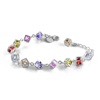 

Solid 925 Sterling Silver colour Crystal Chain Charm Bracelet High quality bright color zircon bracelets for women Jewelry gift