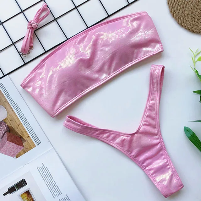 B669Pink Змеиный принт из искусственной кожи блестящее бикини женский купальник бандо женский бразильский купальник пуш-ап комплект бикини стринги Купальный костюм - Color: B669Pink