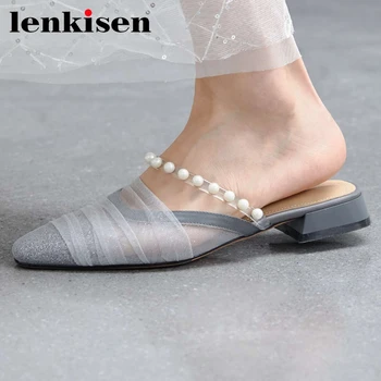 

Lenkisen fairy style air mesh small square toe low heel shoes women pearl sweet pretty girls slip on mules new fashion pumps L90