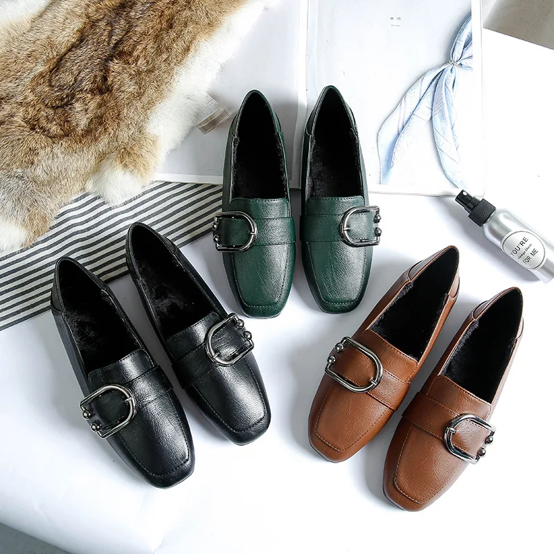 

Flat Shoes Woman Winter Fleece Loafers Slip on Buckle Slides Plus Size Shallow Flats Shoes Black Brown Green Zapatos Mujer