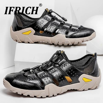 

Hot Sale Mens Hole Shoes Elastic Band Sport Man Sandals Leather Men Summer Shoes Big Size 38-48 Walking Mens Sandals Luxury