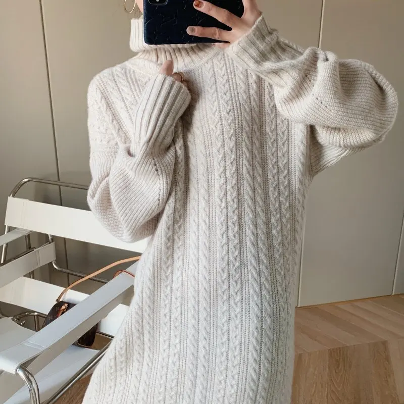 

Dress Solid Women Color High Neck Long Wool Dress Thick Loose Twist Over The Knee Sweater Skirt for Fall and Winter Women