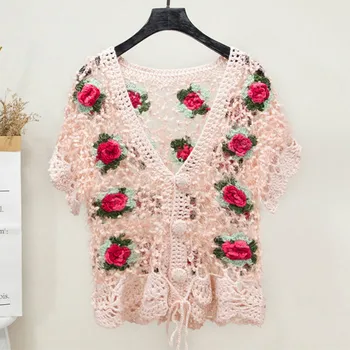

spring autumn 3D flower vest women cardigans mohair women crochet cardigans femme rose flower sweaters knitted tops