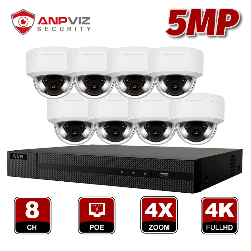 Купольная IP камера видеонаблюдения Anpviz 8 каналов H.265 + NVR 5 МП 4 шт. POE комплект