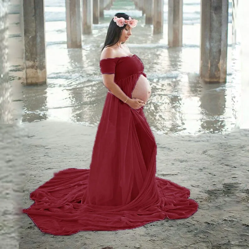 

Elegant Shoulderless Maxi Gown Split Front Maternity Dresses for Photo Shoot Short Sleeve Chiffon Pregnancy Dress Photography