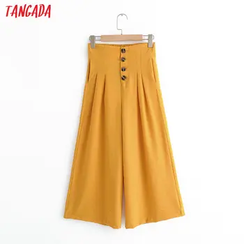 

Tangada fashion women orange winde leg pants trousers with buttons pockets strehy waist office lady pants pantalon QJ48