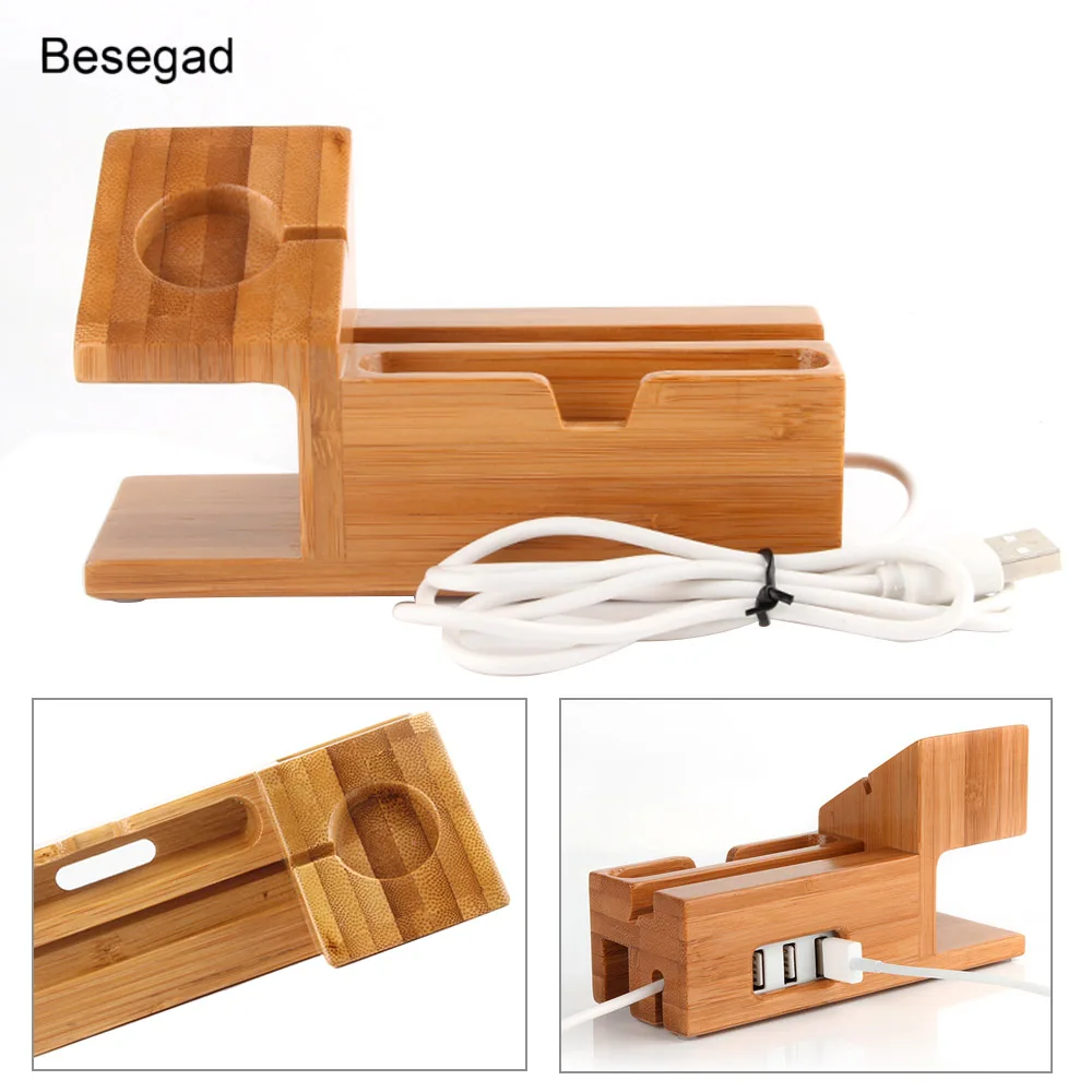 Besegad бамбуковая подставка для зарядки нескольких телефонов и часов с 3 USB портами