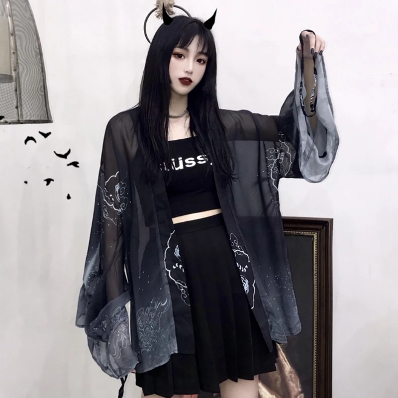 

Harajuku Retro Printed Blouse Women Long Sleeve Sun Protection Loose Cardigan Blouse New Fashion Dark Black Top Shirts Female