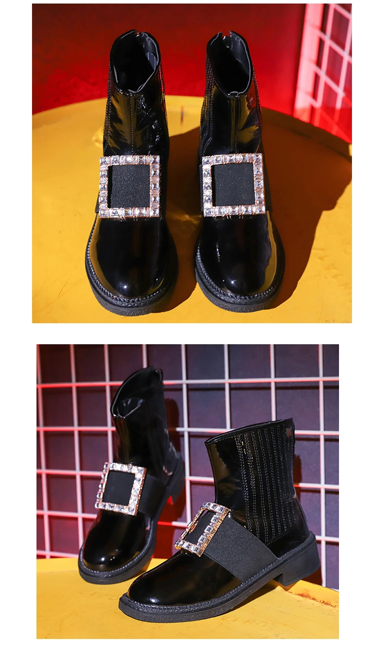 Модные ботильоны со стразами; женские блестящие кожаные ботинки; Новинка года; осенние ботинки; женские брендовые черные ботинки; мягкие панковские ботинки без застежки