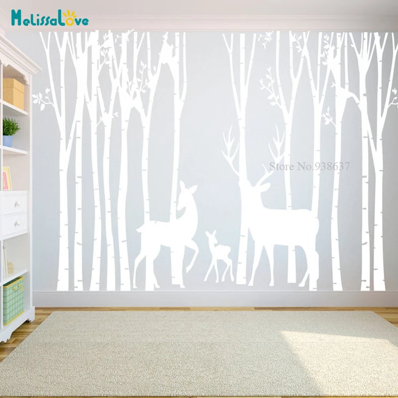 

13 Birch Trees Forest Nursery Decal Baby Room Decor Nursery Sticker Cute Deer Family Removable Vinyl Wall Stickers BB579