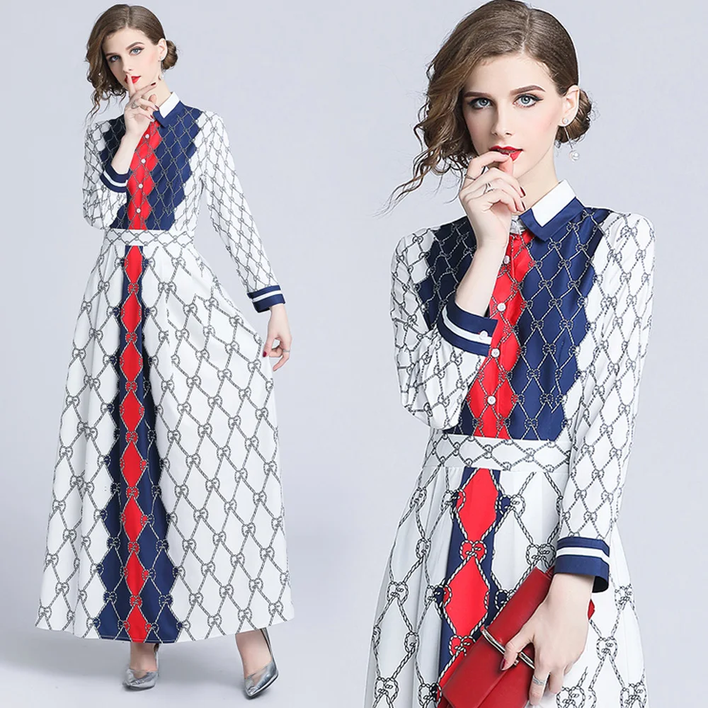 

Retro Runway Vestidos Longo Women's Chain Floral Letter Print 2020 Spring Summer A Line Dresses Elegant Long Sleeve Maxi Dress