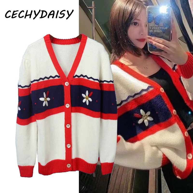 Женская винтажная трикотажная куртка с цветочной вышивкой и V-образным вырезом |