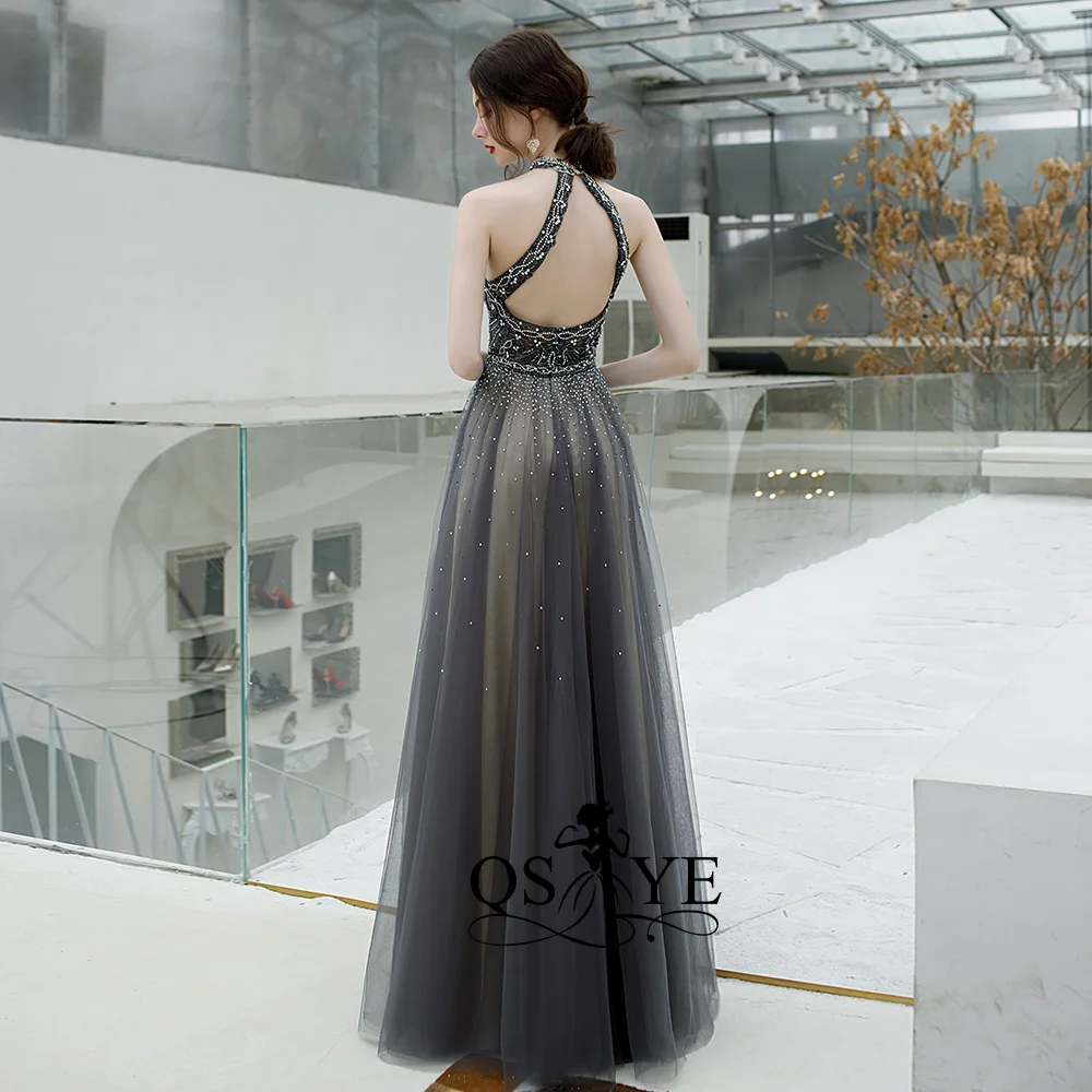 QSYYE Длинные Выпускные платья тюль Холтер спинки vestidos largos украшенное бисером с длиной до пола формальное вечернее платье вечерние платья