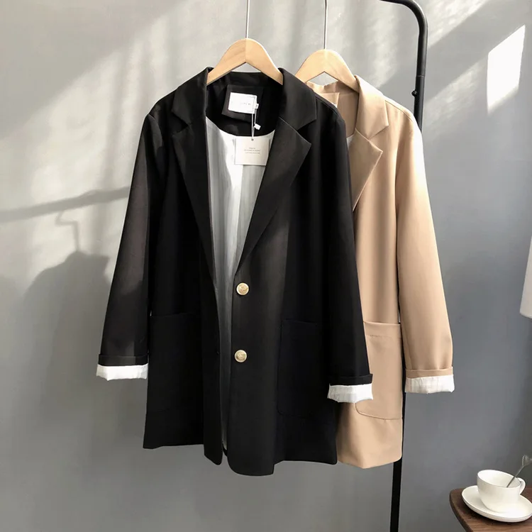 Neploe Solid Vintage Office Work Style Blazer Women Solid Nothed Single-breasted Coat Loose Wild Autumn Mid Long Coat 45894
