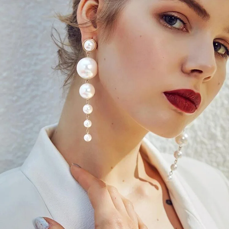 

Trendy Created Big Simulated Pearl Long Dangle Earrings for Women Pearls String Statement Drop Earrings Wedding Party Gift