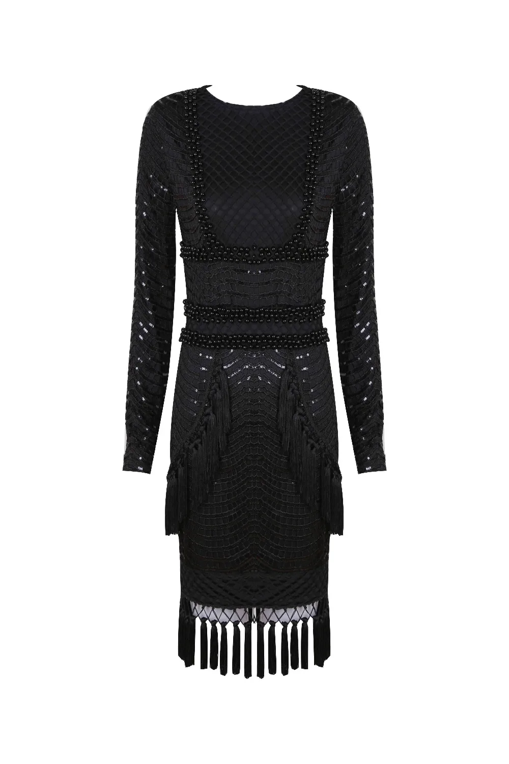 Elegant White Black Long Sleeve Sequins Dress Tassel Beading Patchwork Winter Fashion Celebrity Party Dress Vestidos Newest