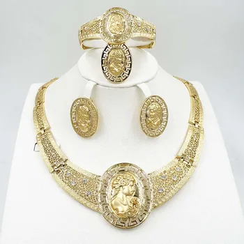 

Hot style African beads wedding jewelry set dubai gold-color Nigeria classic zircon Necklace women Bangle Earring Ring