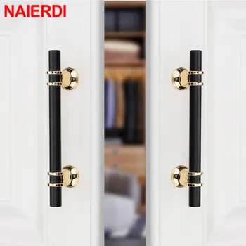 NAIERDI Nordic Style Zinc Alloy Black Door Handles Pulls Furniture Drawer Knobs Fashion Gold Aluminum Kitchen Cabinet Handles