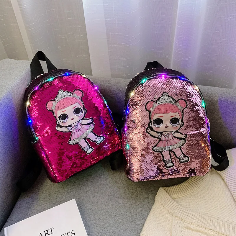 

2019 New Style Sequin Backpack Japanese And Korean Style Fashion Cute Light-up Doll Young STUDENT'S Cartoon Bag