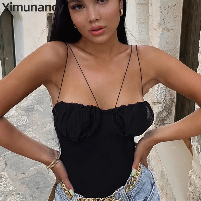 Yimunancy Spaghetti Strap Bodycon Bodysuit Women Sexy Bodysuit Ladies Black Bodysuit Summer Overalls Streetwear
