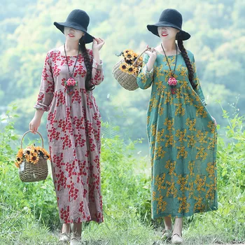 

Photo Shoot Spring And Summer Cotton Linen Printed Pullover Crew Neck Long Sleeve Literature And Art High-waisted Loose-Fit Slim