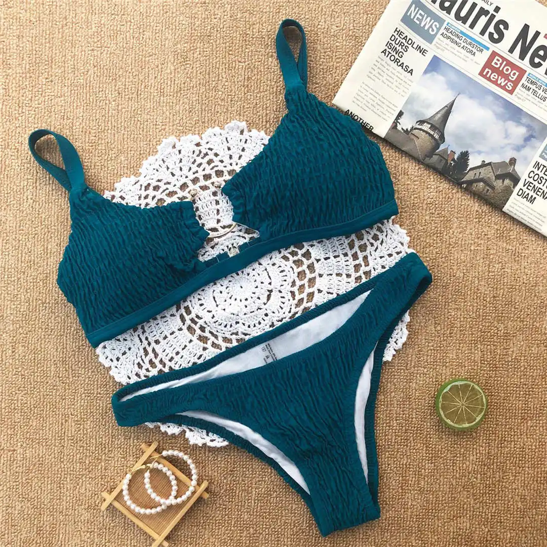7 Colors Sexy Wrinkled Bikini Women Swimwear Female Swimsuit Two-pieces Bikini set Mid Waist Bather Bathing Suit Swim Lady V2447