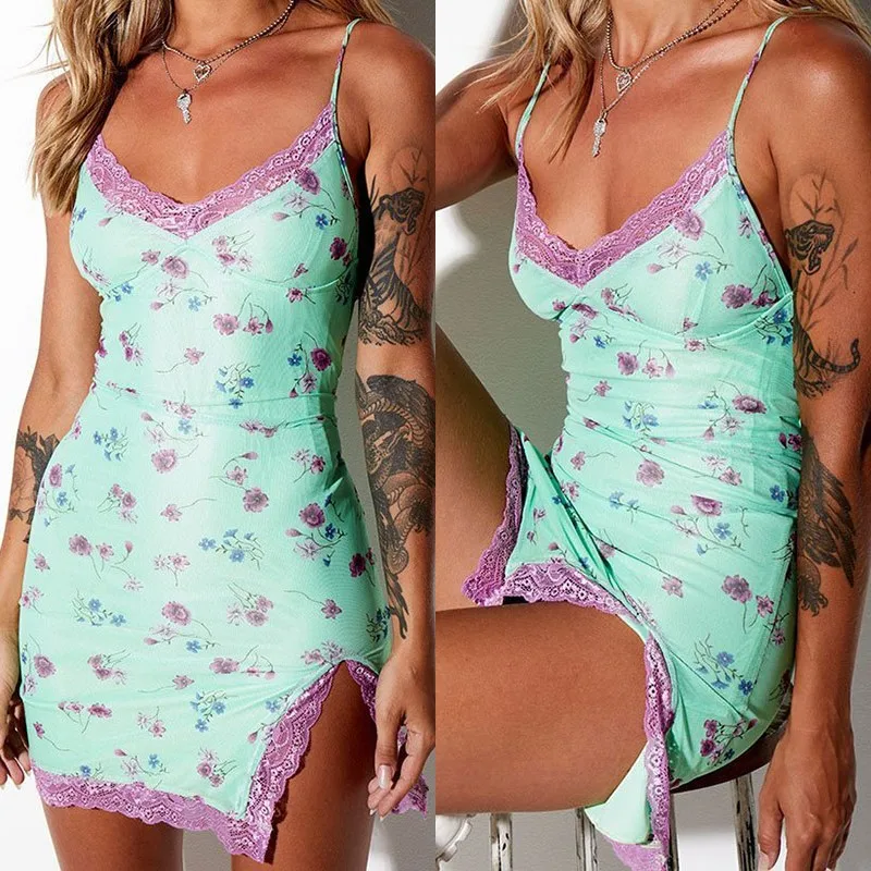 2020 New Lace Tight Tight Split Sexy Backless V-neck Mesh Strap Dress Boho Sundress Ladies Summer Slim Dress Clothing сарафан