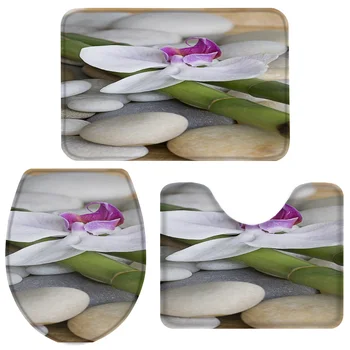 

Petals Bamboo Green Stones Purple Plant Bath Set Toilet Cover Mat Pedestal Rug Non-Slip Bathroom Rug Set