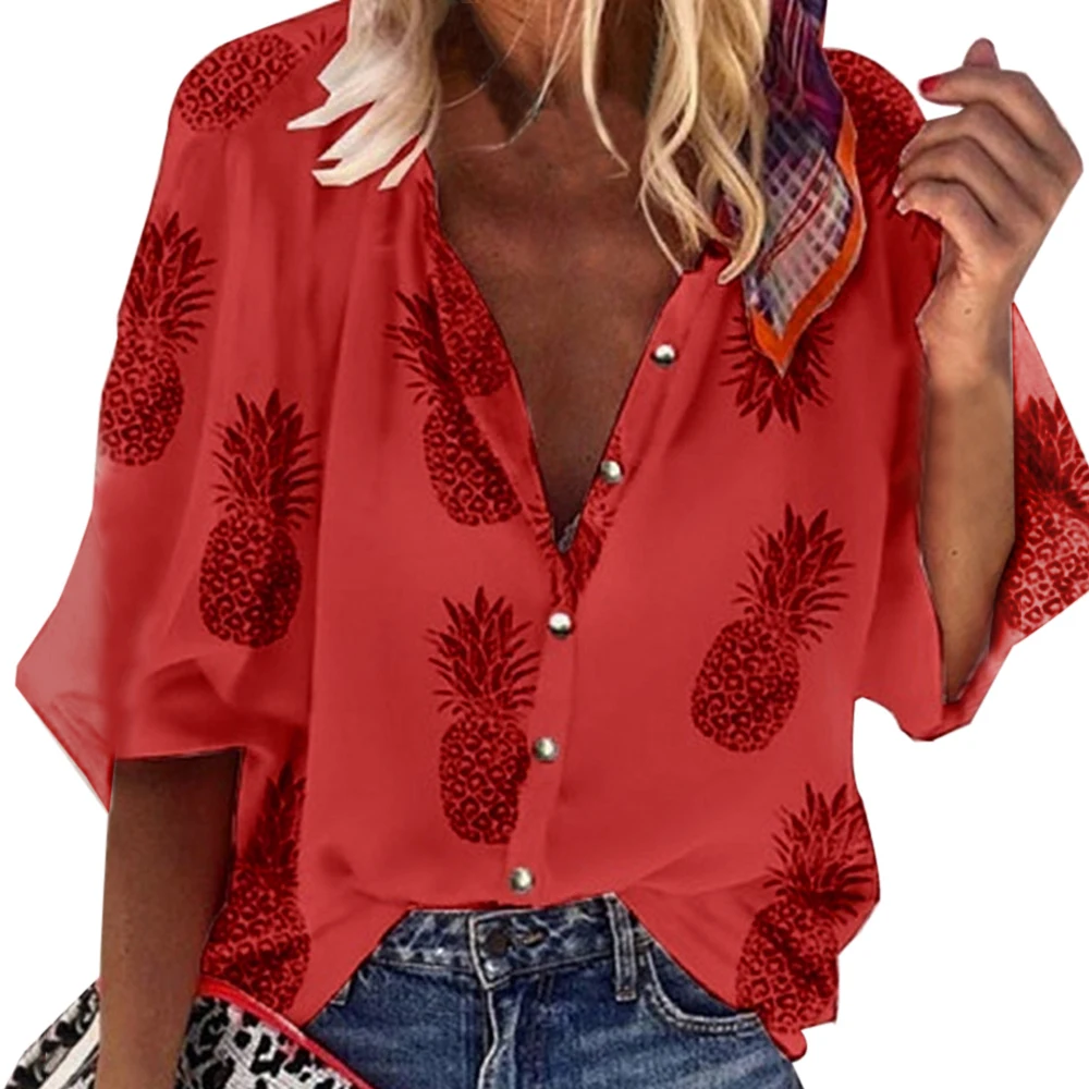 Womens Pineapple Print Button Down Shirt Autumn Long Sleeve Casual Blouse Tops 