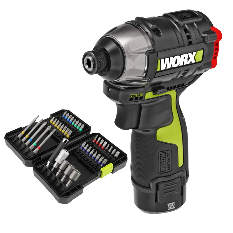 WORX 12V Brushless Motor Impact Cordless Electric Screwdriver WU132 Professional Tool with 42PCS Drill Bits Set Big Torque