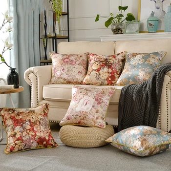 

40/45/50/60/40x60cm European retro jacquard cushion cover sofa large flower lumbar pillow cover decorative satin pillowcase