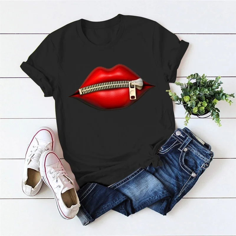 

Women Fashion Lady Casual Zipper Sexy Lips Printed Round Neck Short Sleeve Top Shirts Loose Cotton Plus Size Pullover