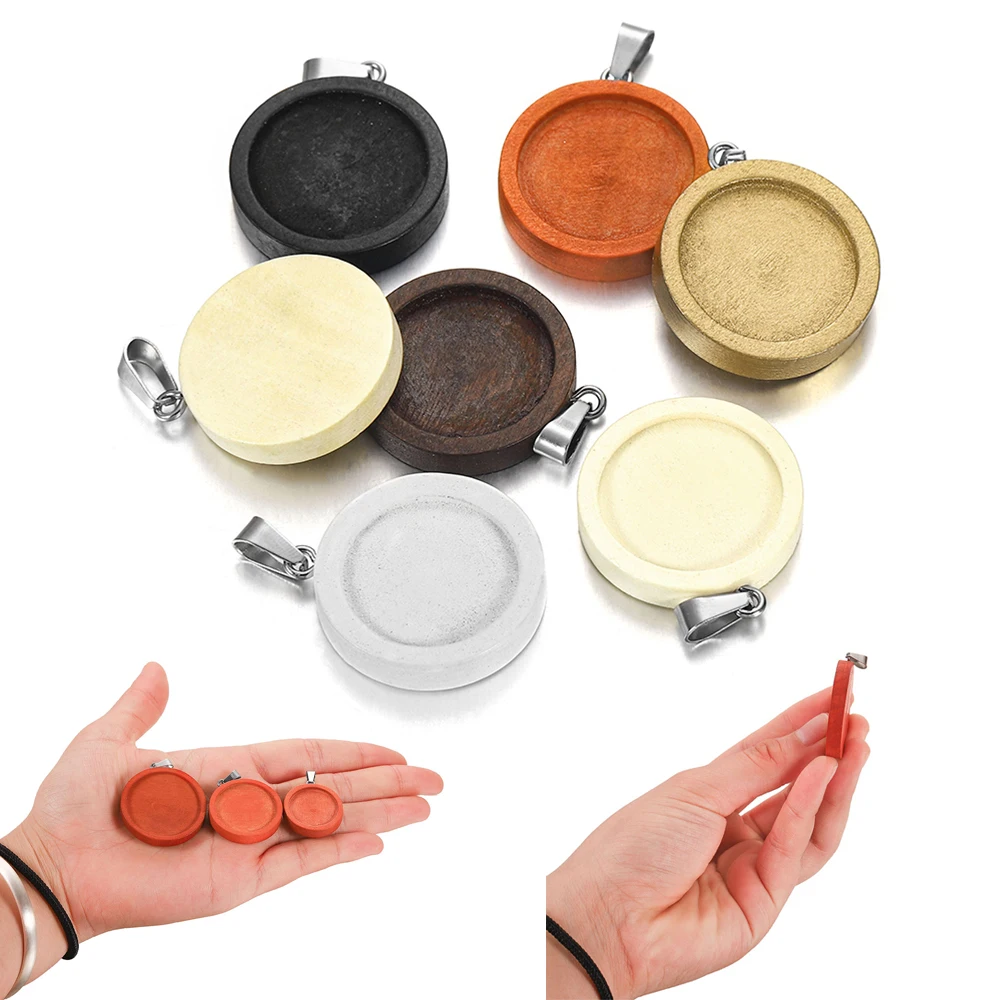 

10pcs/lot 20 25 30mm Wood Cabochon Pendant Base Stainless Steel Hook Charms Pendant Trays For DIY Jewelry Making Accessories
