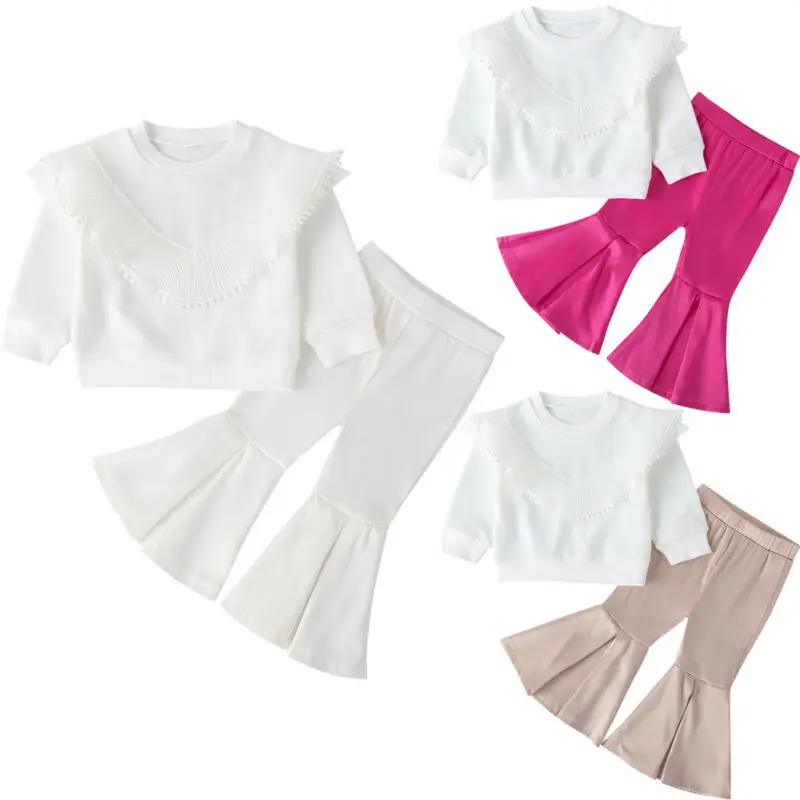 Новые комплекты одежды для маленьких девочек, белые топы с длинными рукавами и кисточками, футболка, расклешенные штаны, комплекты со штанами