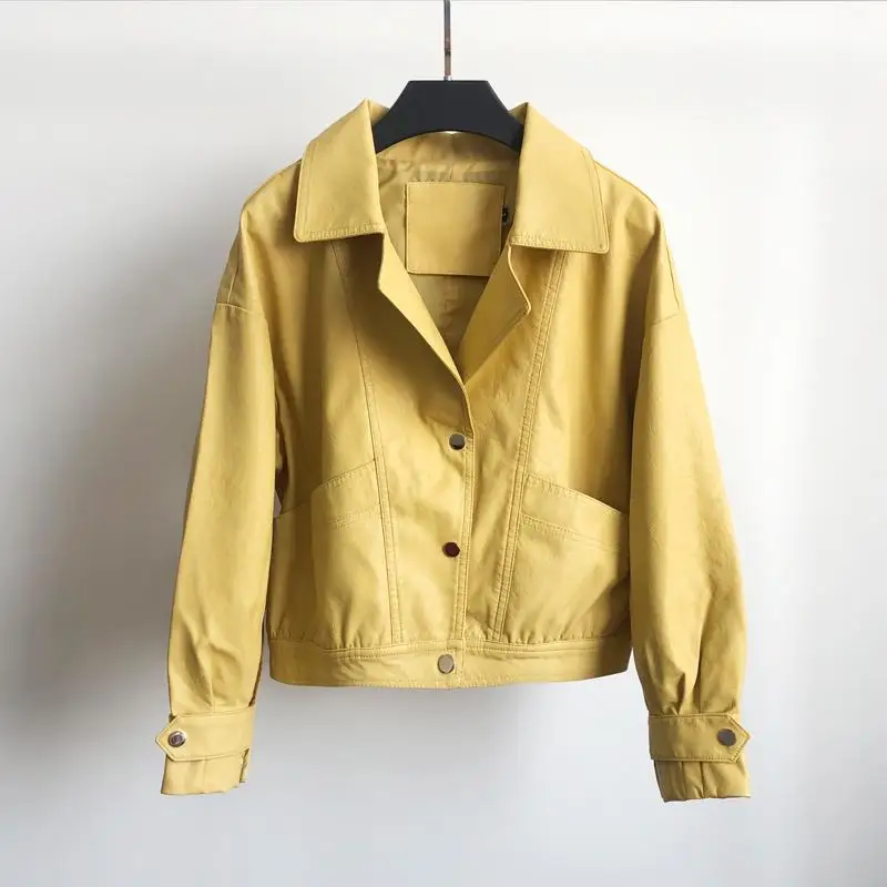 Fitaylor осенняя куртка из искусственной кожи для женщин Pu мотоциклетная короткая байкерская куртка однобортный большой карман искусственная мягкая кожаная верхняя одежда - Цвет: Yellow