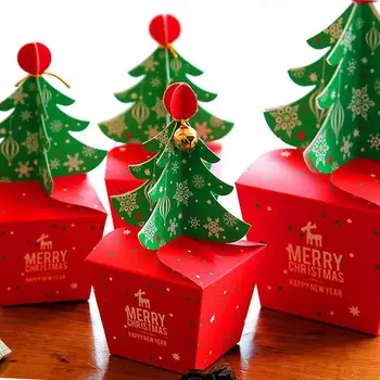

12pcs Folding Xmas Paper Boxes 3D Wrapping Bell Cartoon Christmas Tree Shaped Festival Pastry Gifts Candy Strap Holders