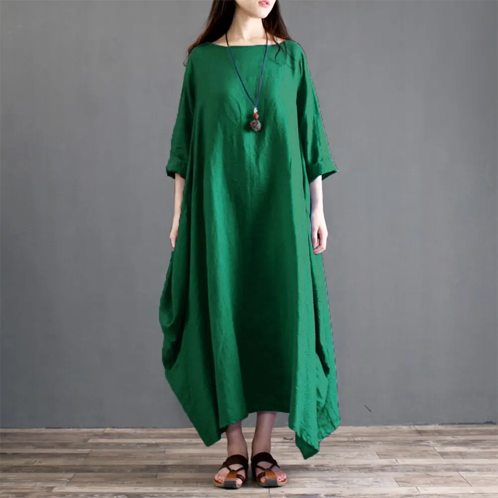 Осеннее мешковатое платье, женское длинное платье макси, однотонное винтажное Хлопковое платье с карманами и О-образным вырезом и рукавом средней длины, женское платье размера плюс 3XL 5XL - Цвет: Зеленый